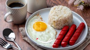Hotsilog Filipino Rice Breakfast (Hotdog at Sinangag na Kanin) Hotdog with Garlic Fried Rice