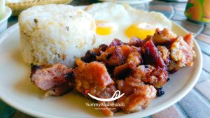 Tocilog Filipino Rice Breakfast (Tocino, Sinangag at Itlog) Tocino with garlic fried rice and sunny-side-up egg