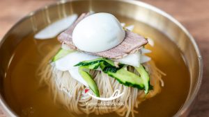 Mul Naengmyeon or Mul Naengmyun (물냉면) Cold Korean Noodle Soup