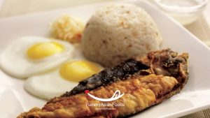 Bangsilog Filipino Rice Breakfast (Daing na Bangus, Sinangag at Itlog) Salted Dried Milkfish with Garlic Fried Rice
