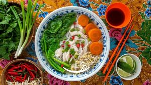 Kuy Teav A Cambodian breakfast noodle soup with beef, pork, or seafood.